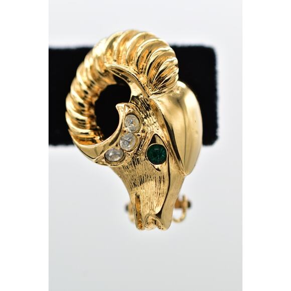 KJL Avon Ram Clip On Earrings Green Rhinestone Crystal Gold Tone Signed 1980s 9I - Picture 7 of 12